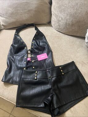 New Edikted Black Faux Leather Halter Top and Shorts Set with Gold Studs Medium